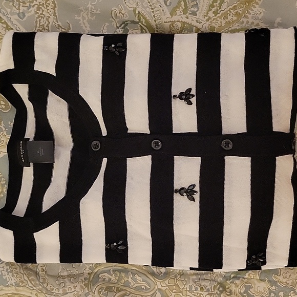 ANN TAYLOR EMBELLISHED STRIPED CARDIGAN SWEATER - Picture 2 of 8